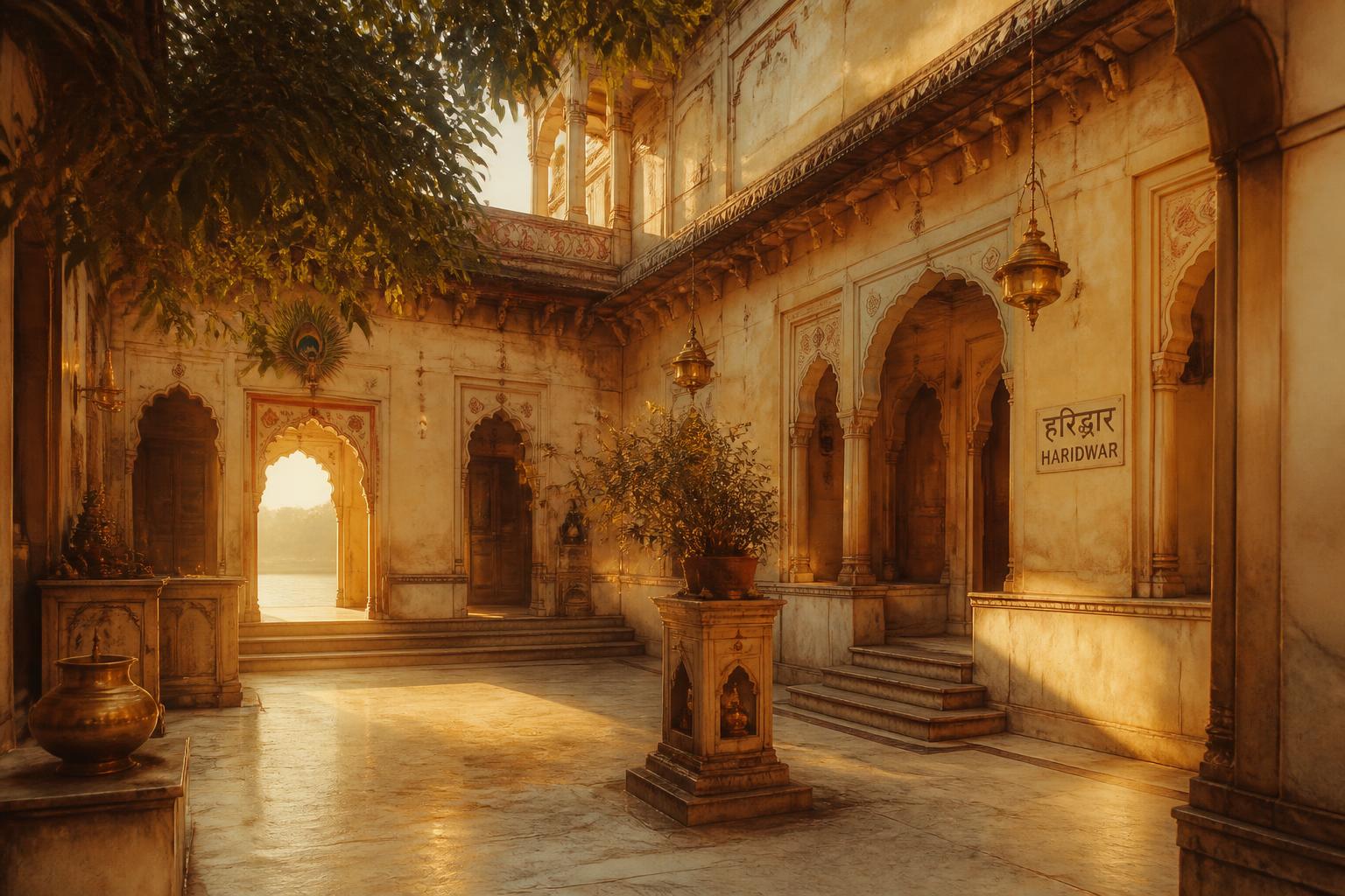 Haveli courtyard in Haridwar at golden hour